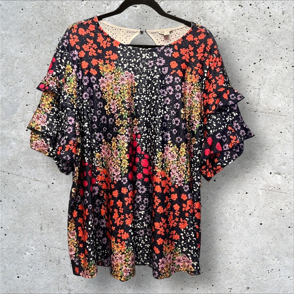 Cato Womens Top 22/24 Blue Floral Print Stretchy Pullover Ruffle Sleeve Eyelet
